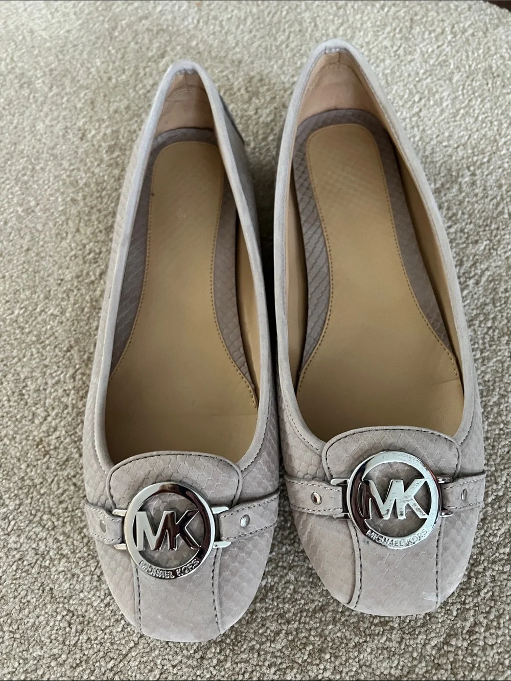 Michael Kors Light Taupe Snake-Embossed MK Logo Flats